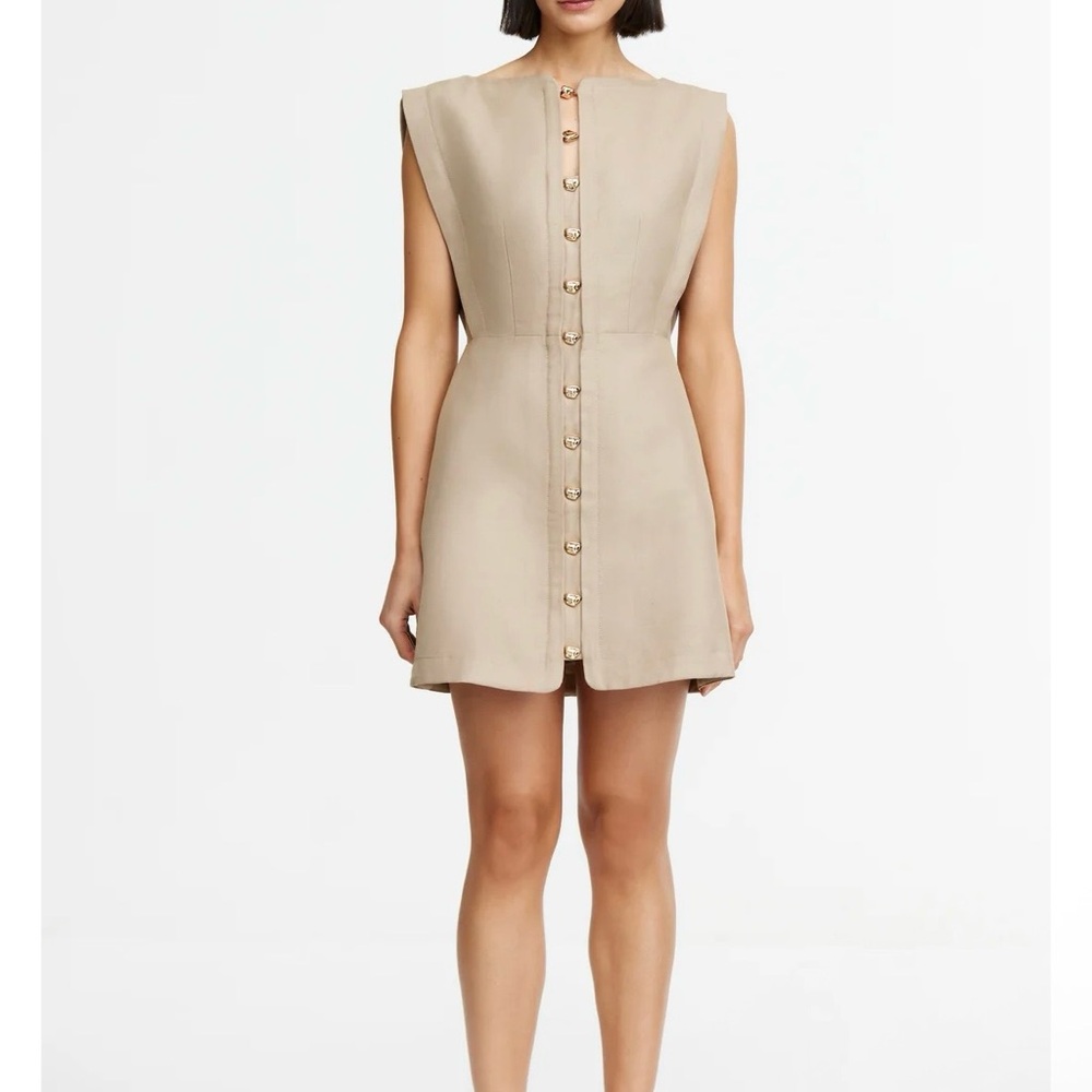 Acler Cinderford Linen-blend Sleeveless Beige Button-Front Mini Dress